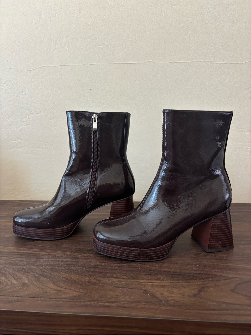 Princess Polly Dark Brown Patent Platform Ankle Boots